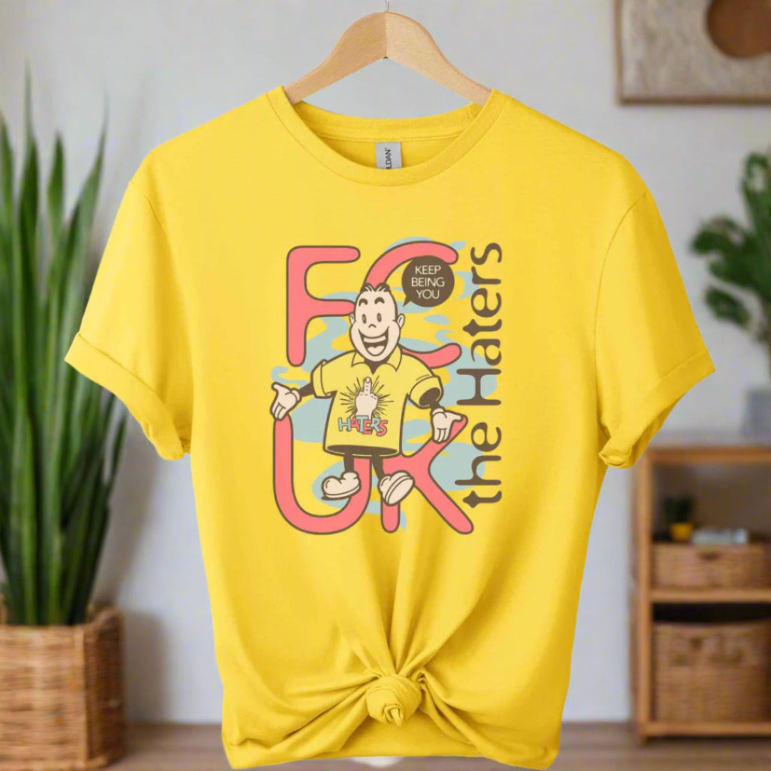 Boho design with cartoon graphic shirts and typography haters ,unisex color daisy