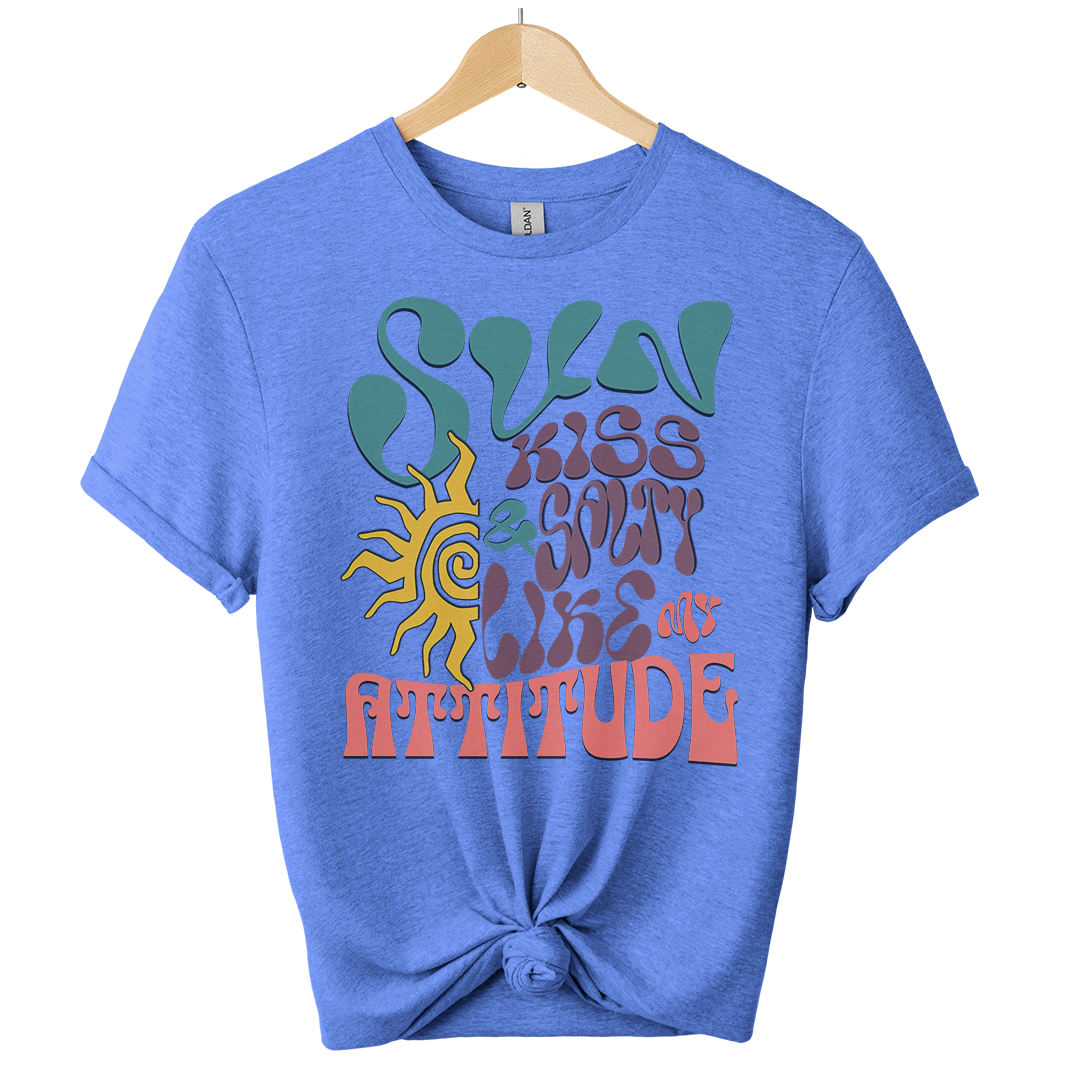 heather royal hanging boho t-shirt with colorful graphic design on a white background