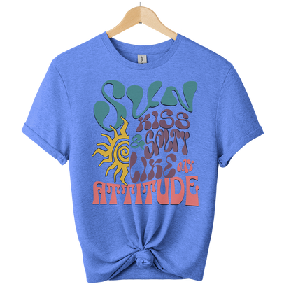 heather royal hanging boho t-shirt with colorful graphic design on a white background