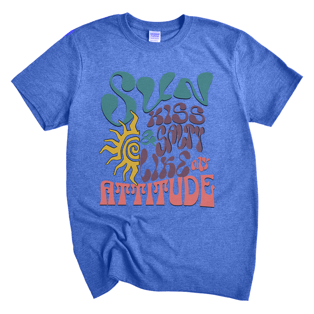 heather royal flat-shirt with colorful graphic design on a white background