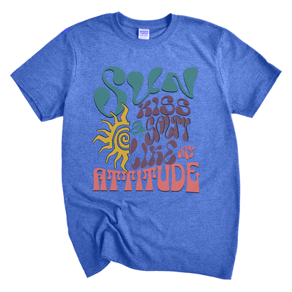 heather royal flat-shirt with colorful graphic design on a white background