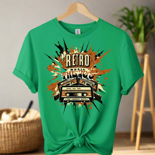 Unisex t-shirts color irish green ,front design mixtape old school cassette tape and typography retro 70 s music ,retro inspired design