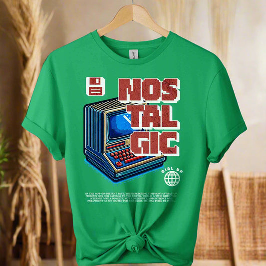 T-shirt color irish green with front design old pc graphic and nostalgic phrase typography boho style