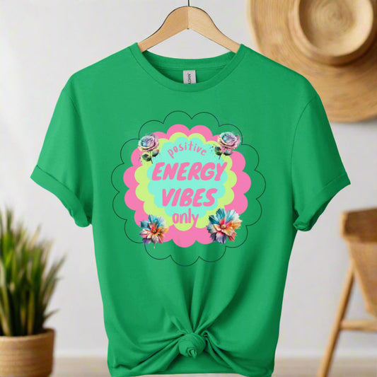 T-shirts color irish green boho design with positive energy typography and graphic color design
for adults 
