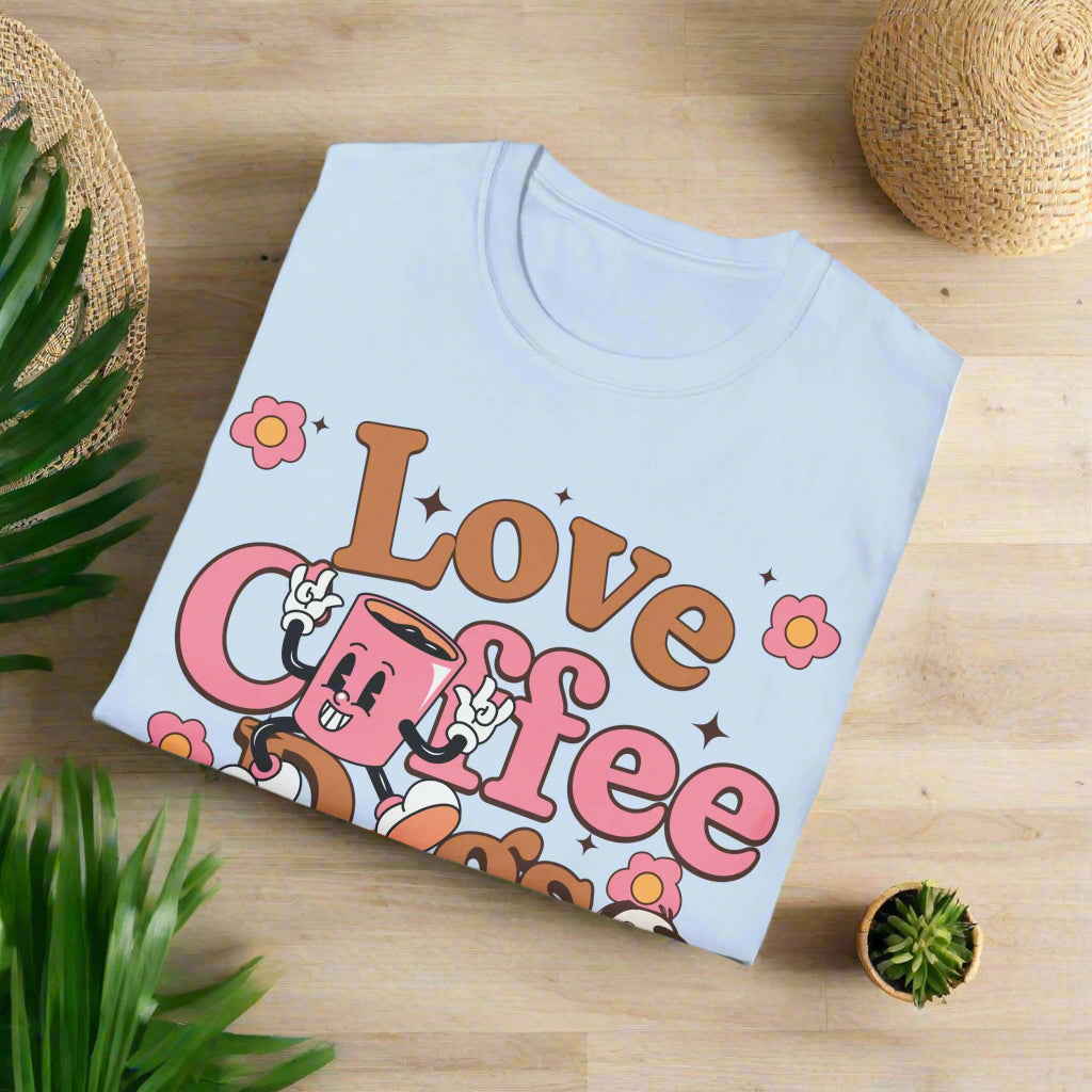 Light blue t-shirt with 'Love Coffee' graphic design on a white background