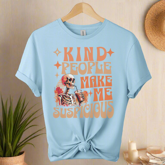 Light blue t-shirt with skeleton graphic and text on a hanger