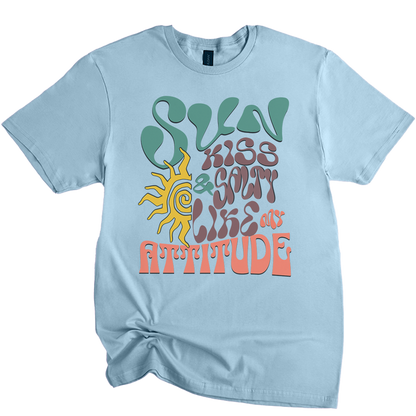 Light blue t-shirt with colorful text and sun graphic on a white background