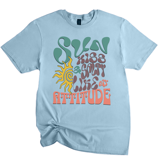 Light blue t-shirt with colorful text and sun graphic on a white background