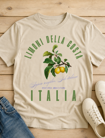 natural color t-shirt with a vintage Italian botanical lemon branch graphic and green Limoni Della Costa Italia text