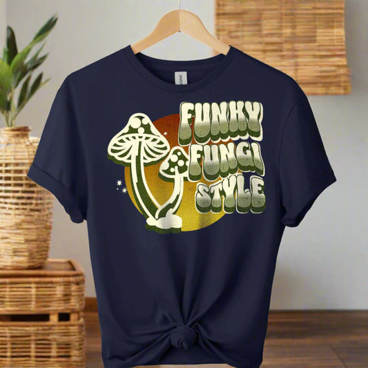 Graphic tees with fungi design and typography funky mushroom style boho style retro vintage color navy 