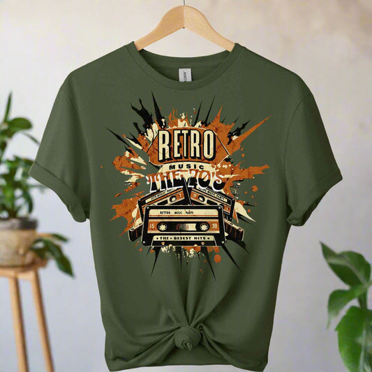 Unisex t-shirts color military green ,front design mixtape old school cassette tape and typography retro 70 s music ,retro inspired design
