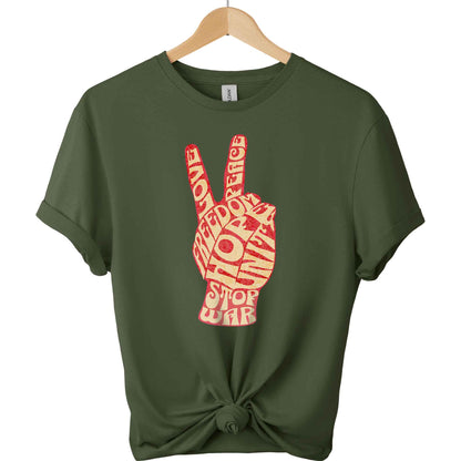 Stop war t-shirt with peace hand sign and freedom hope unite typography shirts color military green
