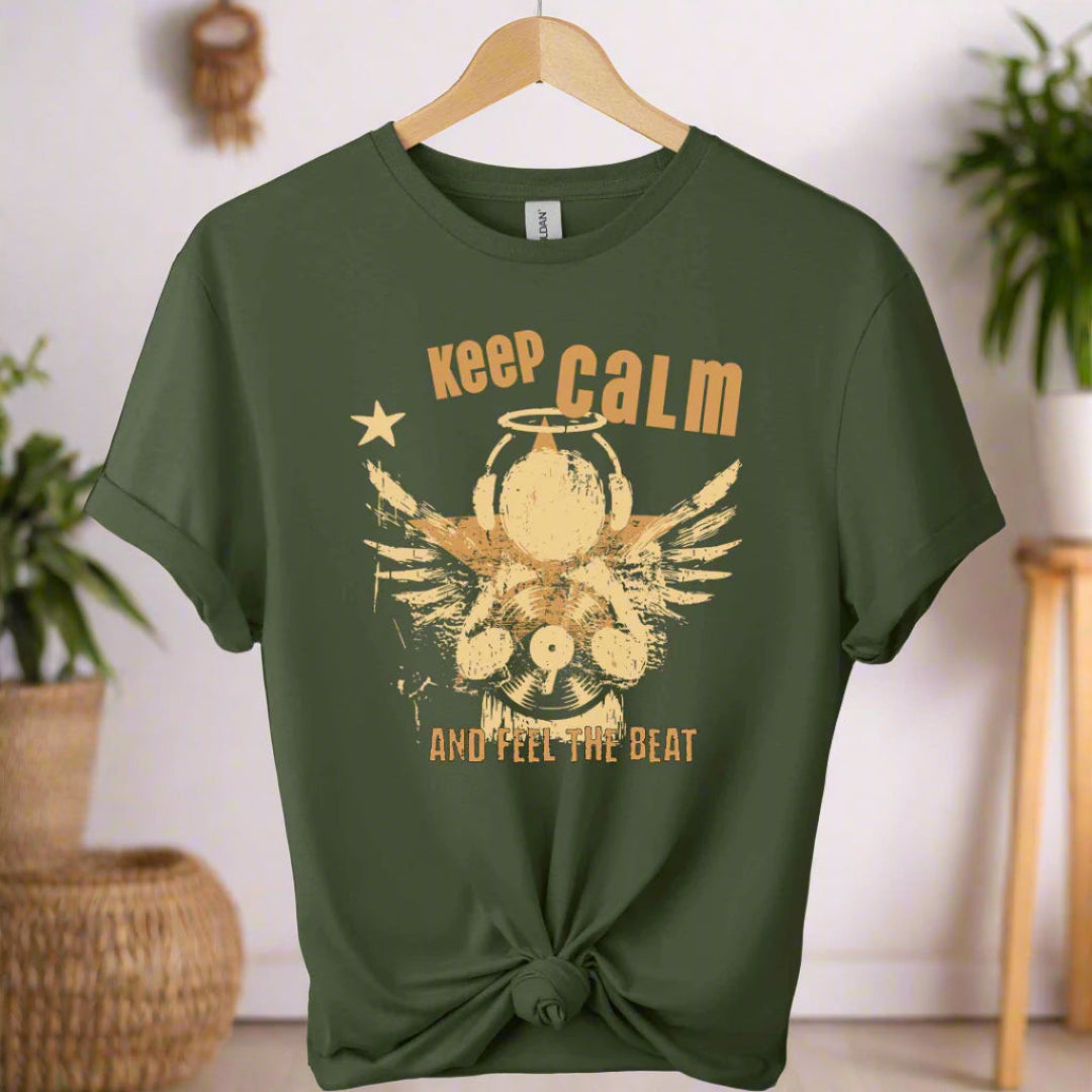 Unisex t shirts color military green front design typography "Keep calm" and feel the beat and angel with holding classic vinyl tape. 