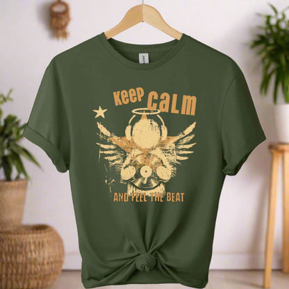 Unisex t shirts color military green front design typography "Keep calm" and feel the beat and angel with holding classic vinyl tape. 