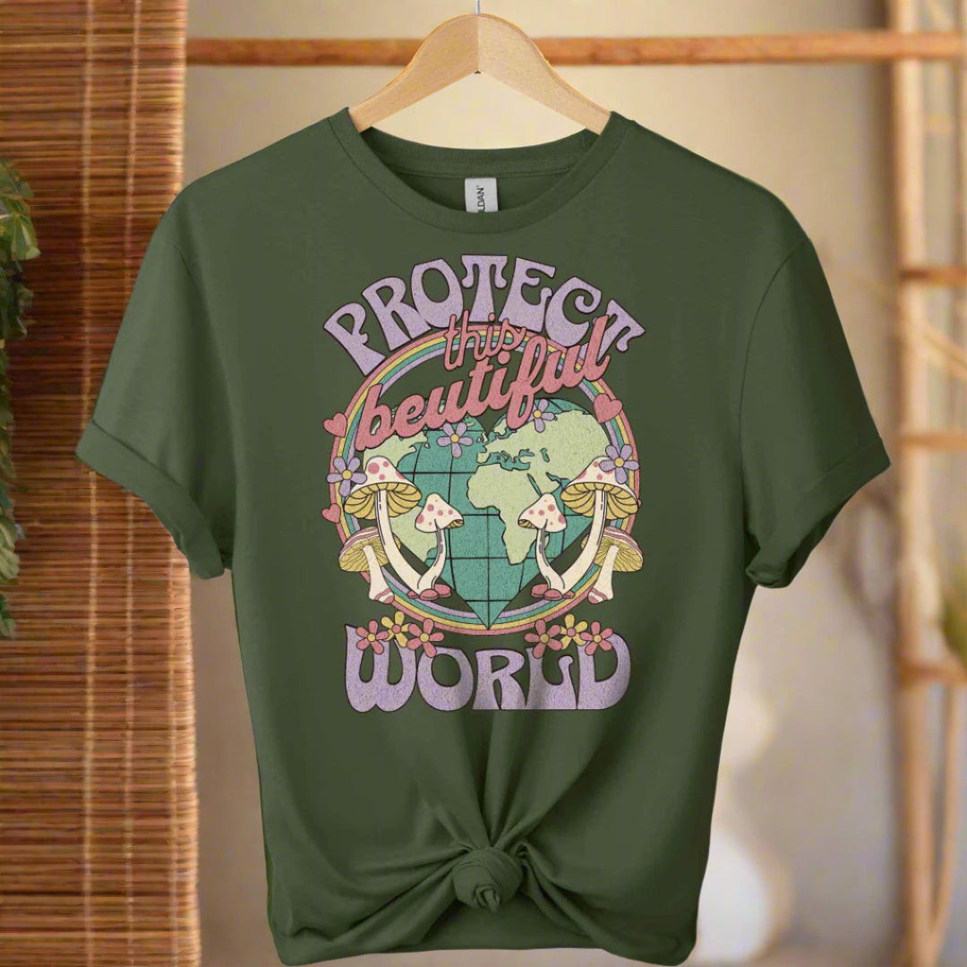 T-shirt front with color military green and graphic world design ,typography that saying protect the world boho inspired for adults 