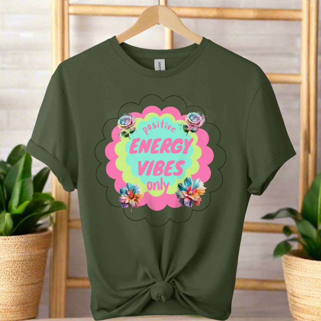 T-shirts color military green boho design with positive energy typography and graphic color design
for adults 