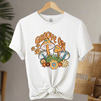T-shirts color white boho inspired mushroom design and typography retro vintage graphic tee