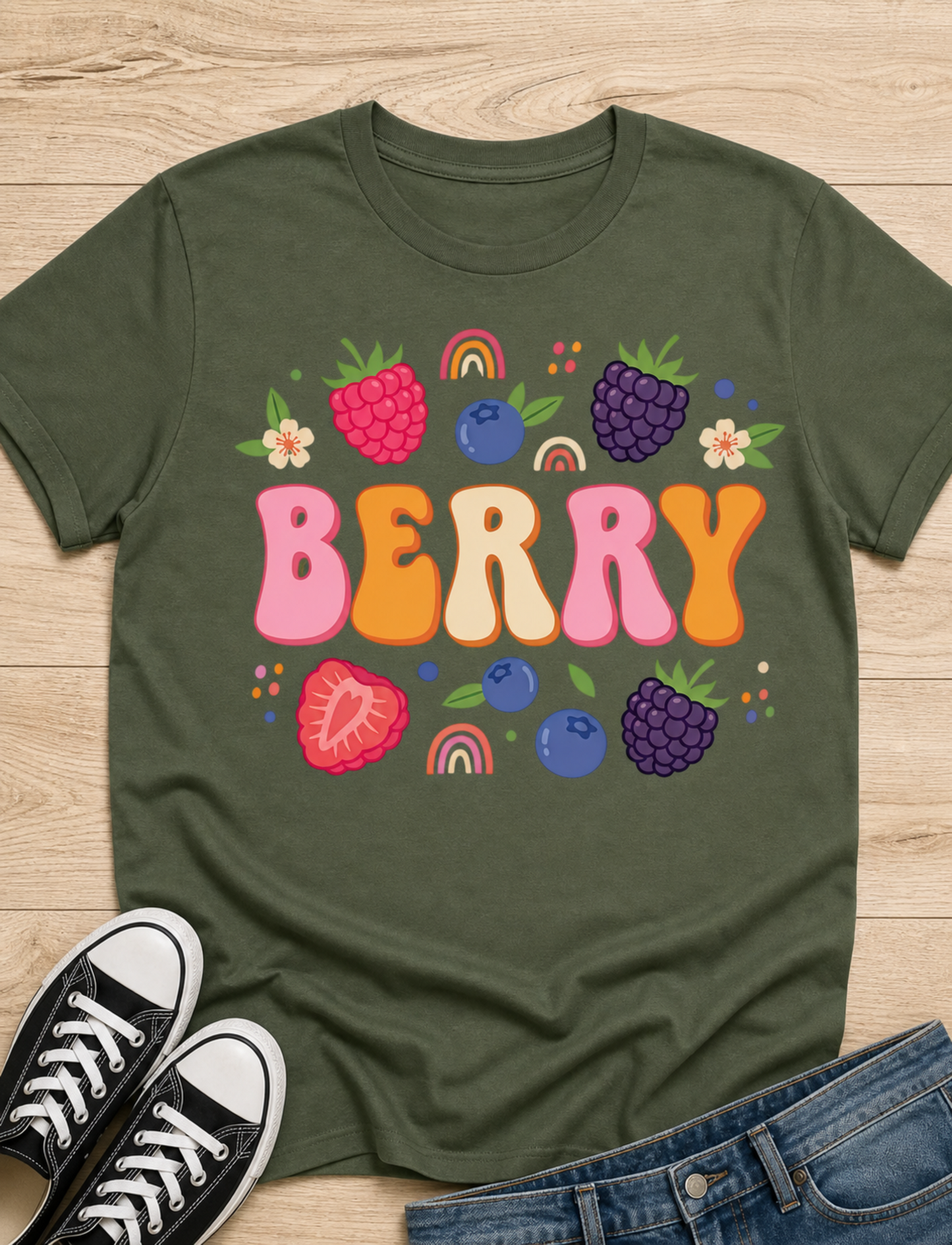 Green t-shirt with colorful berry design on a wooden surface with shoes and jeans.