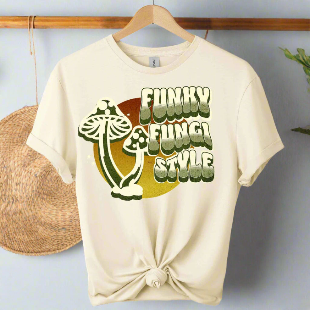 Graphic tees with fungi design and typography funky mushroom style boho style retro vintage color natural