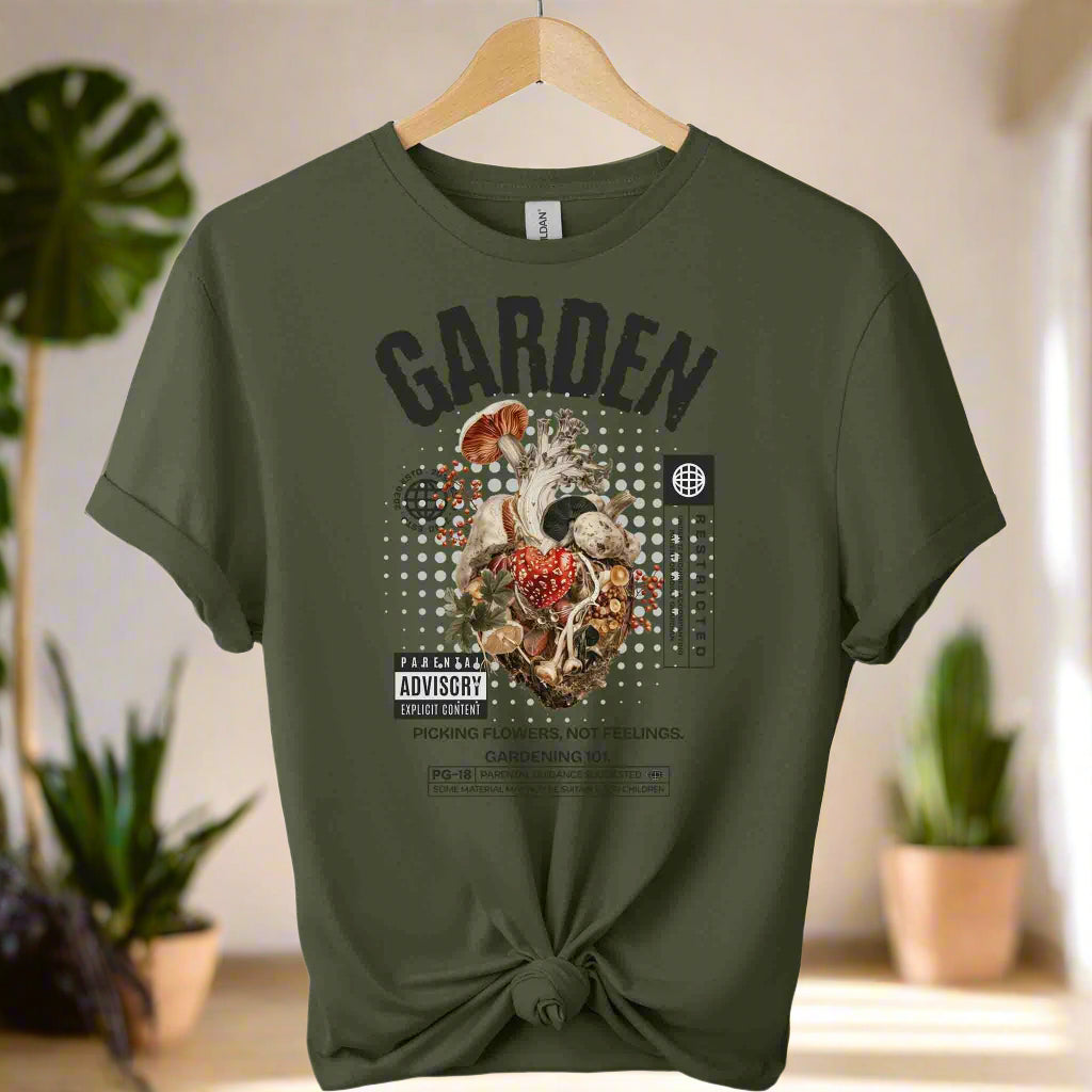 T-shirts with heart plants graphic front design and garden typography boho style retro vintage design with color  military green