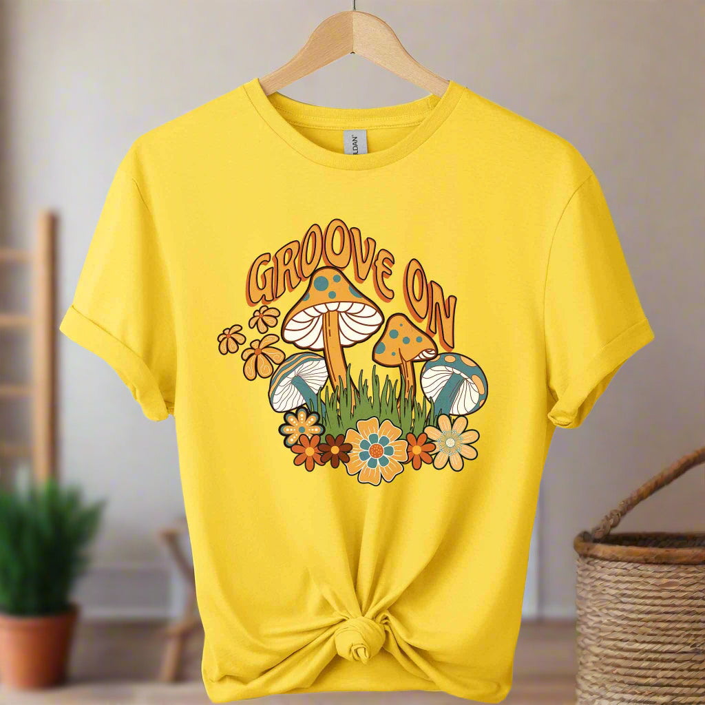 T-shirts color Daisy boho inspired mushroom design and typography retro vintage graphic tee