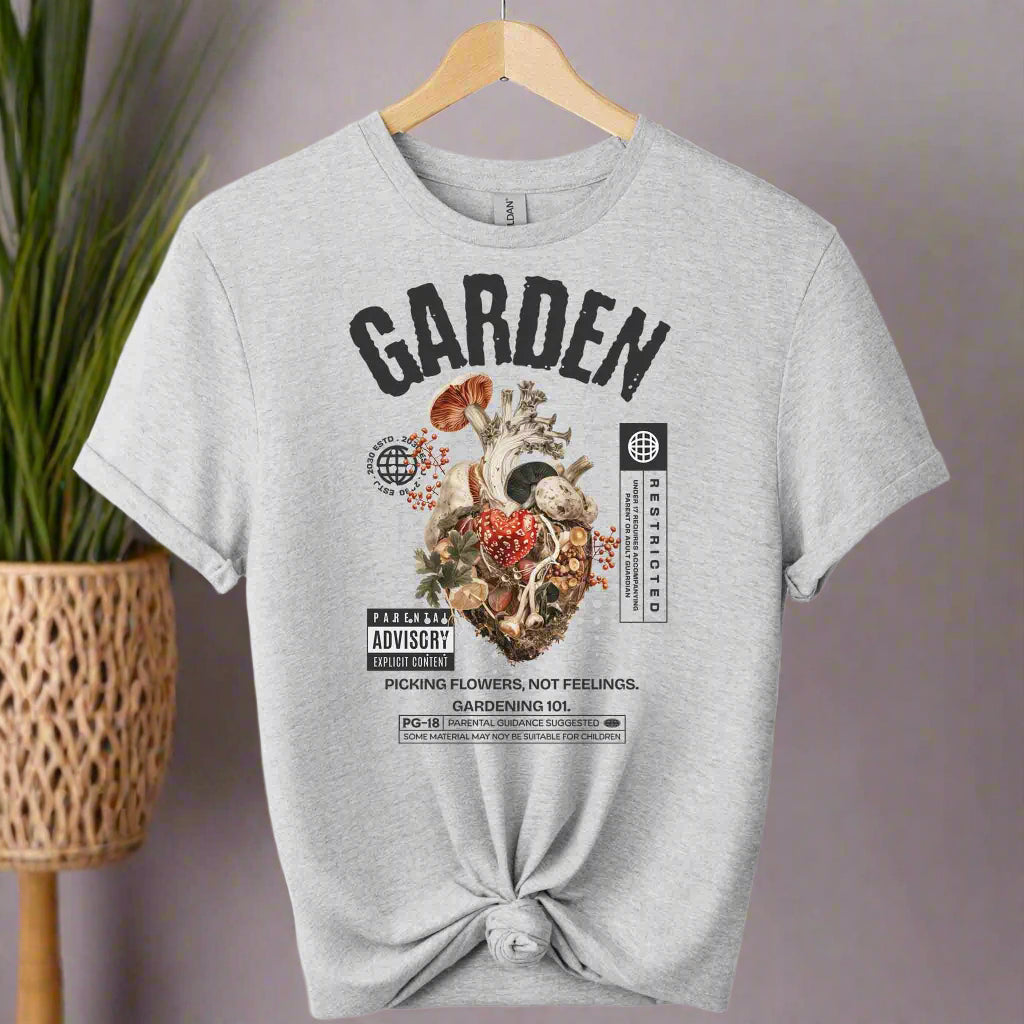 T-shirts with heart plants graphic front design and garden typography boho style retro vintage design with color Sport_grey