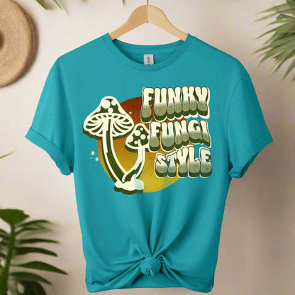 Graphic tees with fungi design and typography funky mushroom style boho style retro vintage color tropical blue
