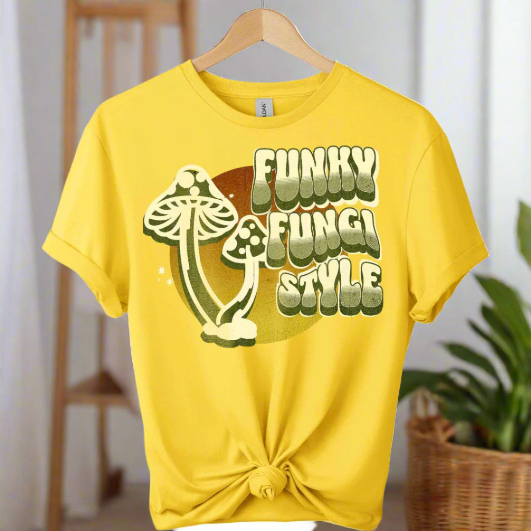 Graphic tees with fungi design and typography funky mushroom style boho style retro vintage color daisy