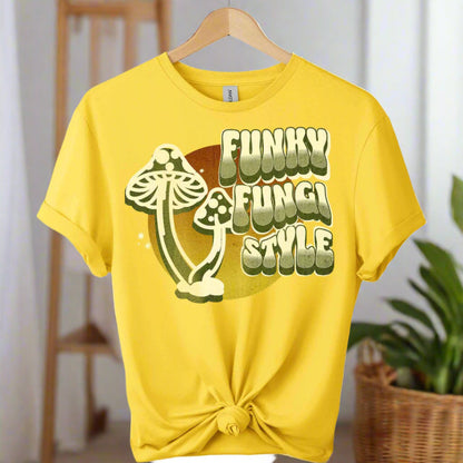 Graphic tees with fungi design and typography funky mushroom style boho style retro vintage color daisy