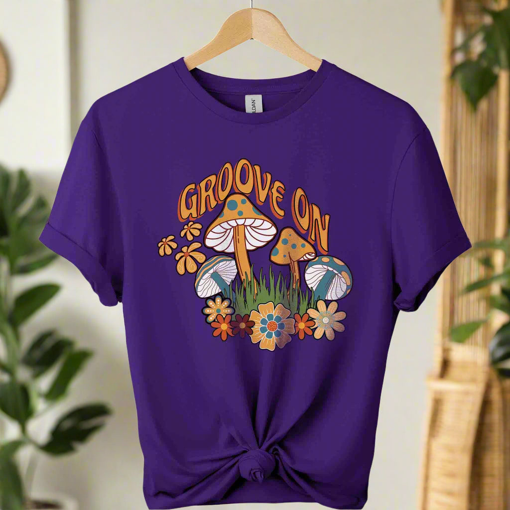 T-shirts color purple boho inspired mushroom design and typography retro vintage graphic tee