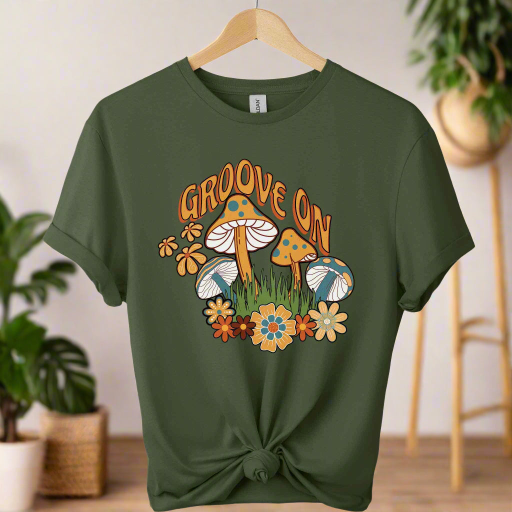 T-shirts color military green boho inspired mushroom design and typography retro vintage graphic tee