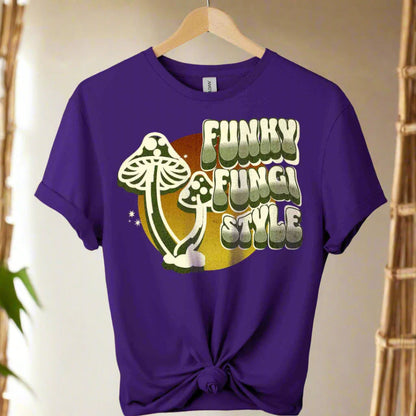 Graphic tees with fungi design and typography funky mushroom style boho style retro vintage color purple