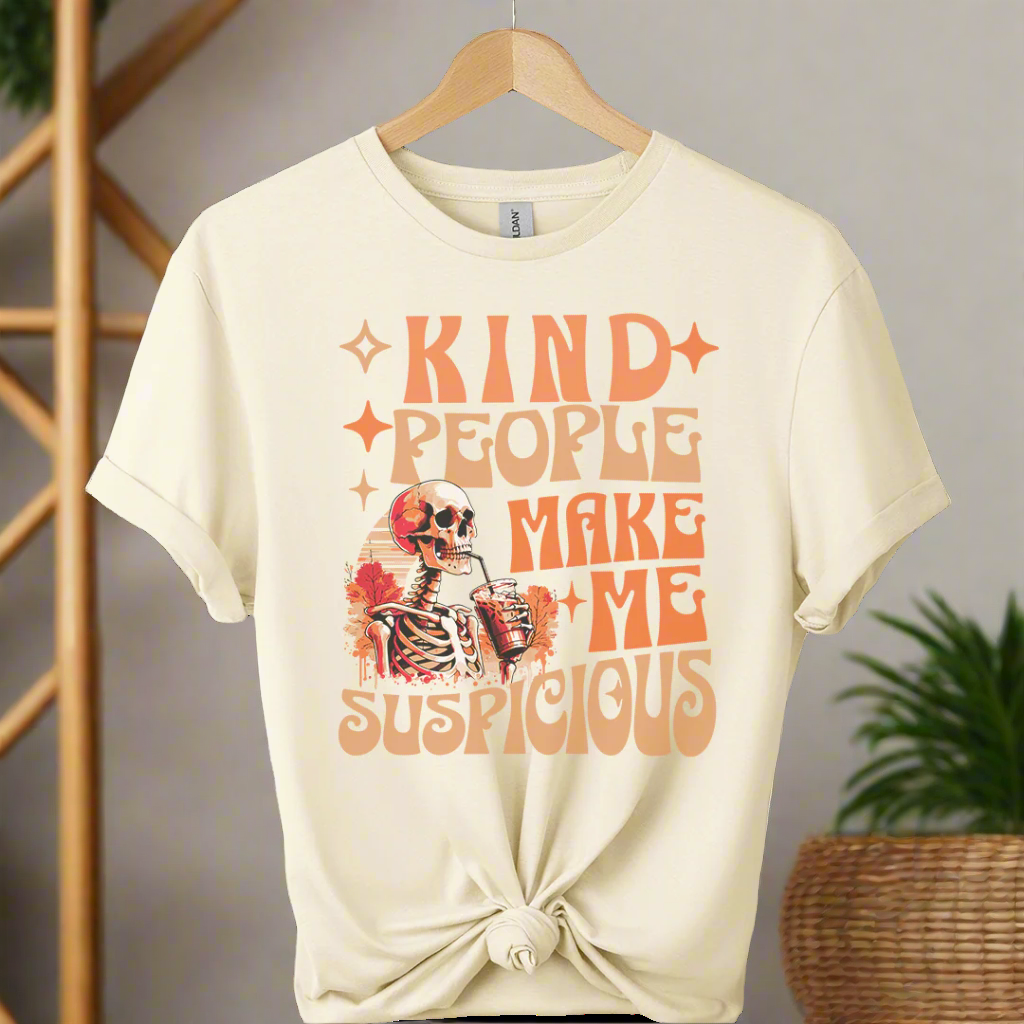 Natural t-shirt with skeleton graphic and text on a white background