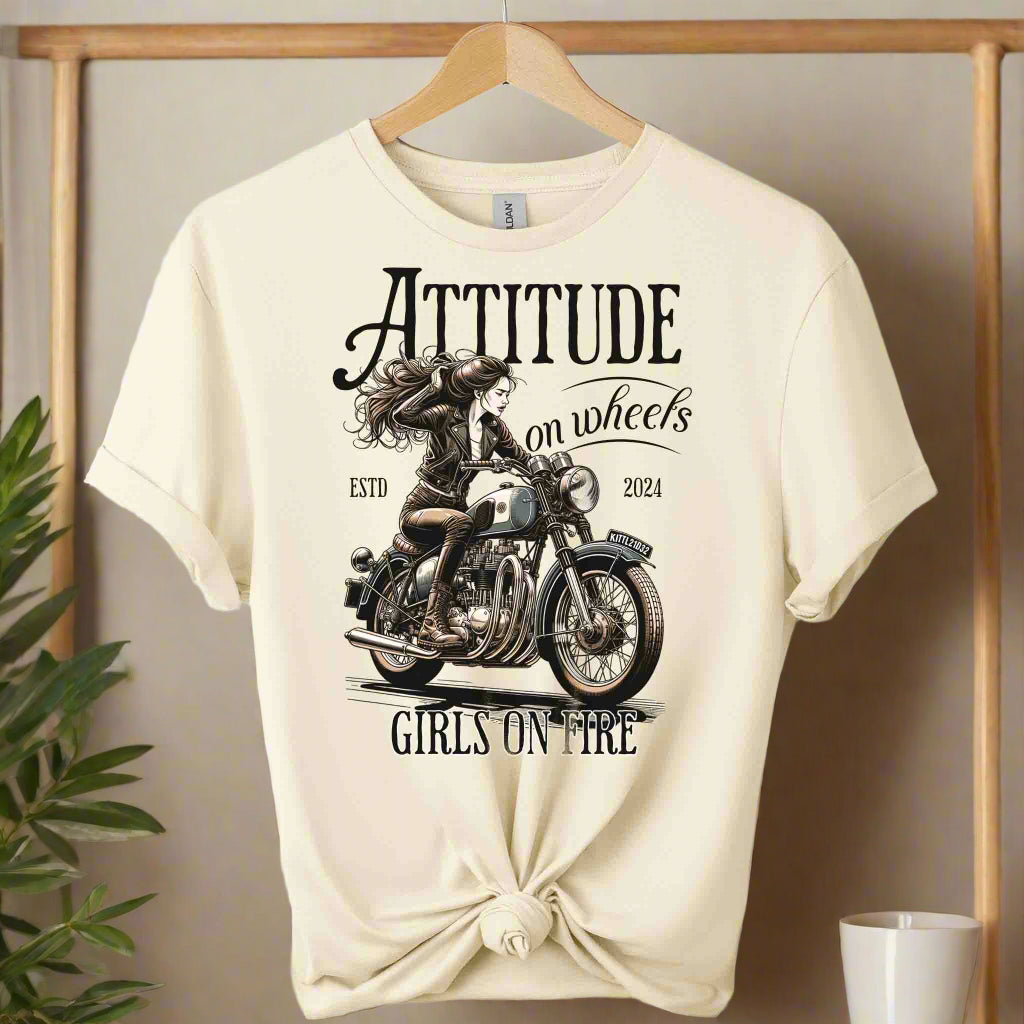 Attitude on wheels t-shirts top clothes,shirts,front view shirts motorcycle riding a women graphic tees color natural