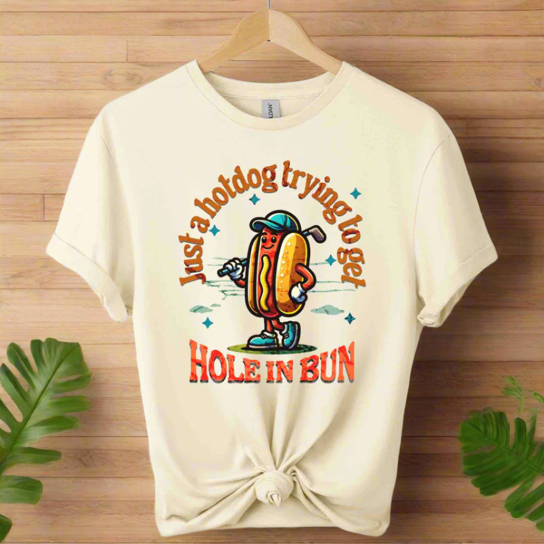 Color Natural shirt ,Unisex T-shirts front with hotdog sandwich  cartoons design and typography just a hotdog trying to get Hole in bun 