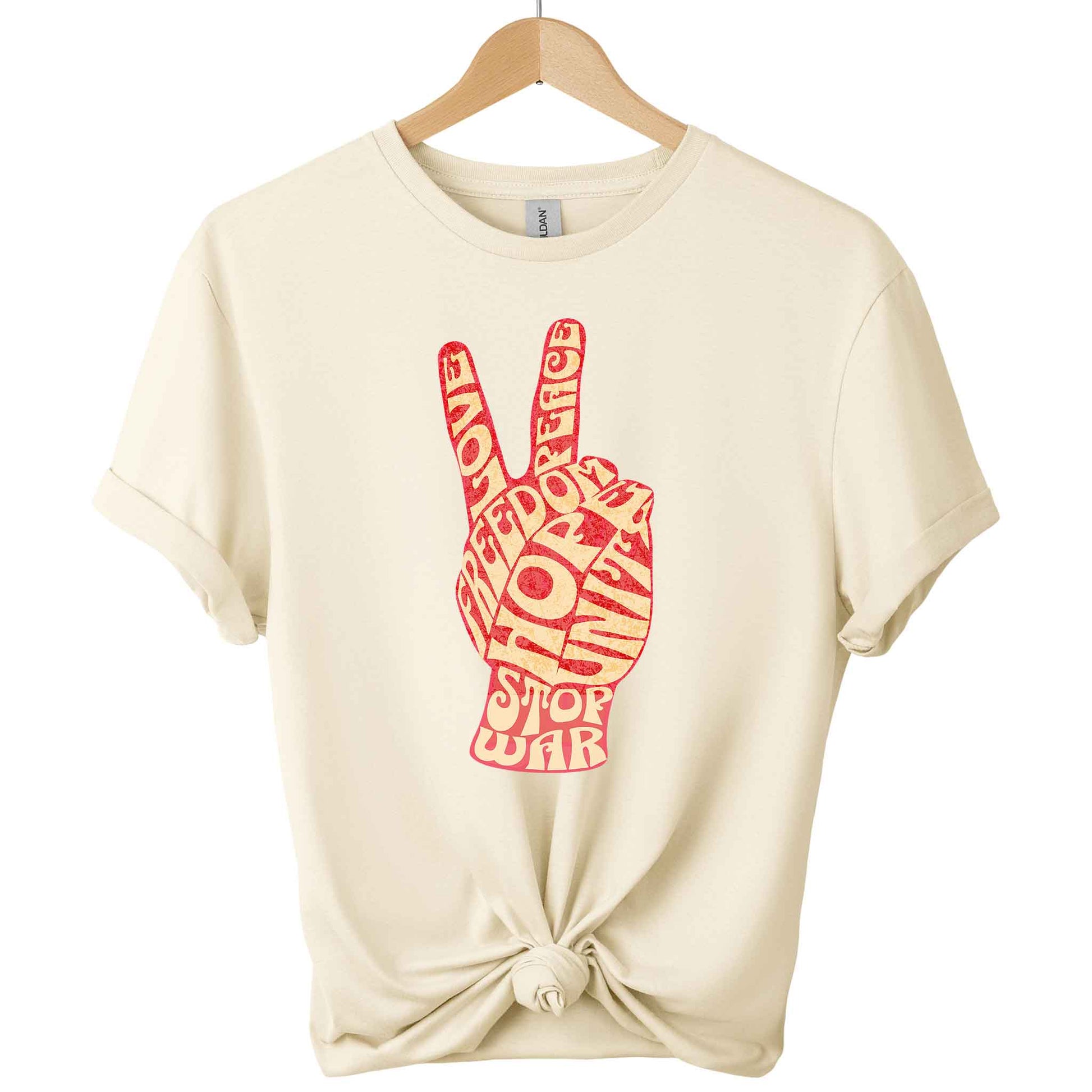 Stop war t-shirt with peace hand sign and freedom hope unite typography shirts color natural