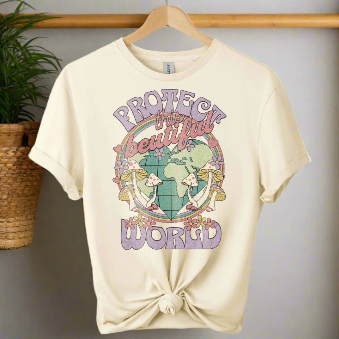 T-shirt front with color natural and graphic world design ,typography that saying protect the world boho inspired for adults 