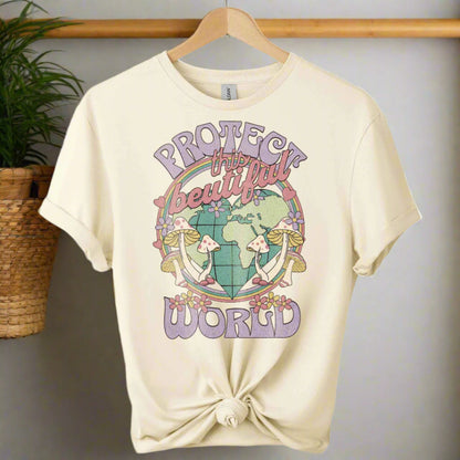 T-shirt front with color natural and graphic world design ,typography that saying protect the world boho inspired for adults 