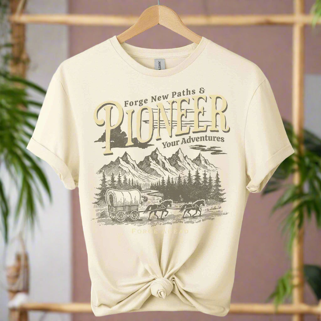 T-shirts for adults color natural  with graphics cowboy design and Pioneer typography boho inspired tees