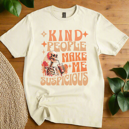 Natural t-shirt with skeleton graphic and text 'Kind people make me suspicious' on a white background