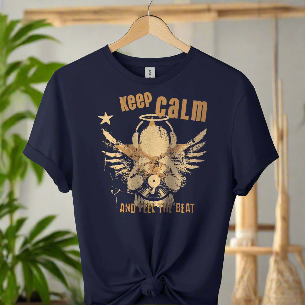 Unisex t shirts color navy front design typography "Keep calm" and feel the beat and angel with holding classic vinyl tape. 