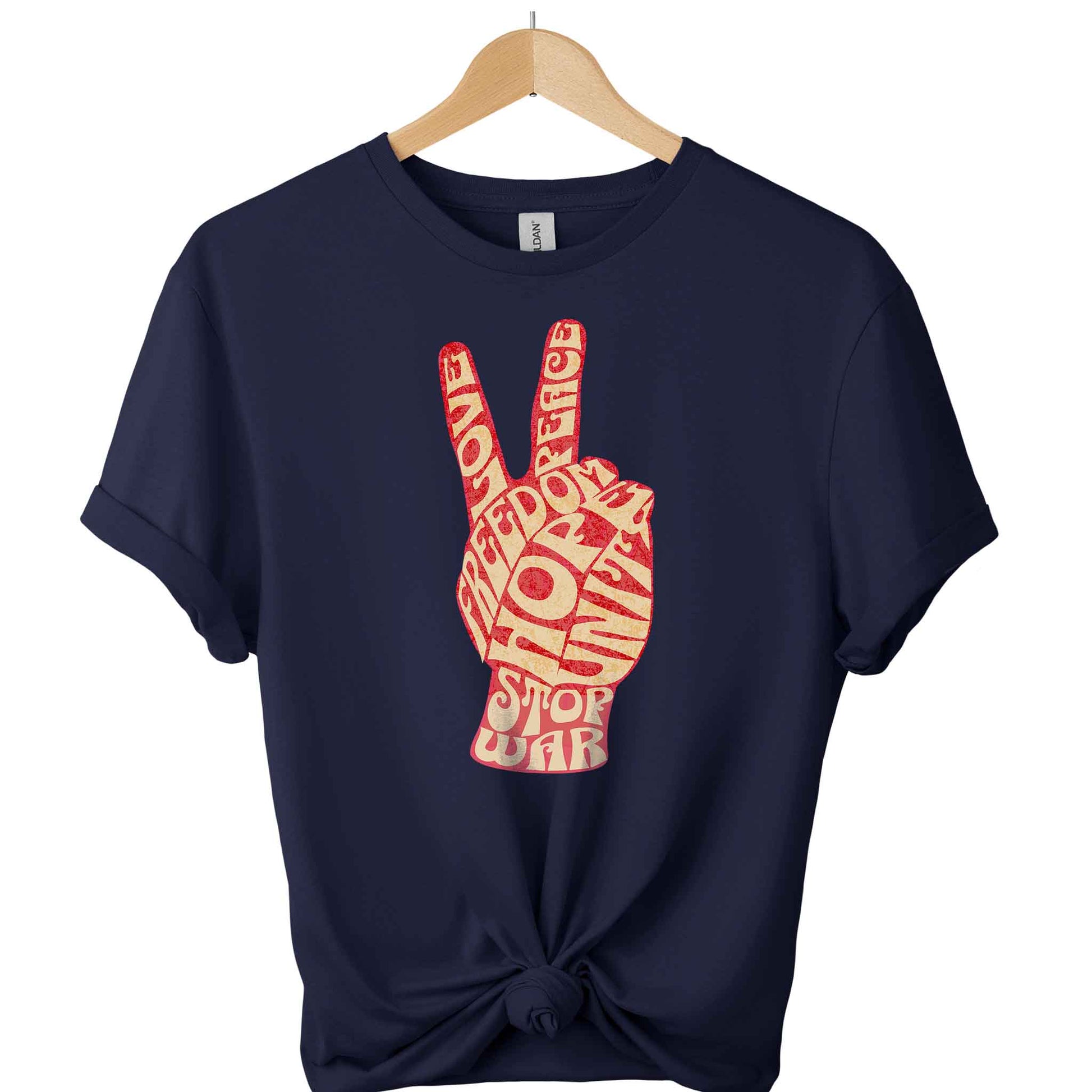 Stop war t-shirt with peace hand sign and freedom hope unite love and peace typography shirts color navy