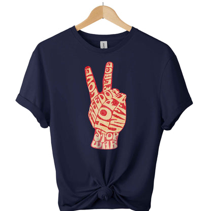 Stop war t-shirt with peace hand sign and freedom hope unite love and peace typography shirts color navy