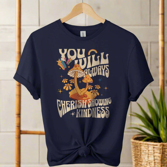 T-shirt color navy ,unisex with front typography design 'you always cherish kindness 'and mushroom graphic design ,retro classic boho design