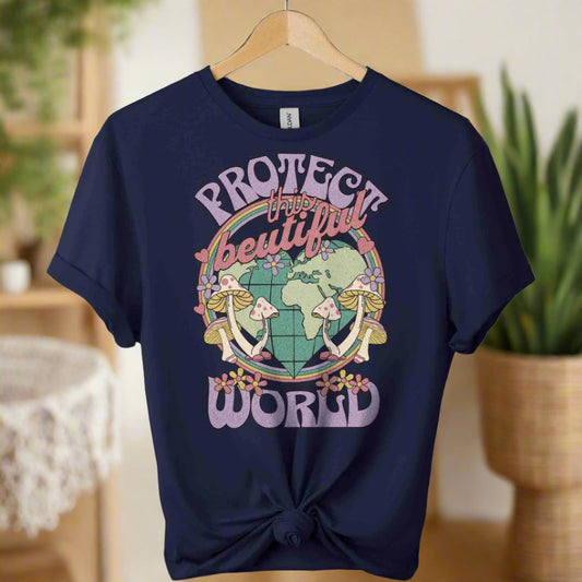 T-shirt front with color navy and graphic world design ,typography that saying protect the world boho inspired for adults 