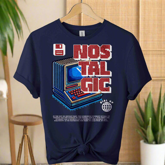 T-shirt color navy with front design old pc graphic and nostalgic phrase typography boho style