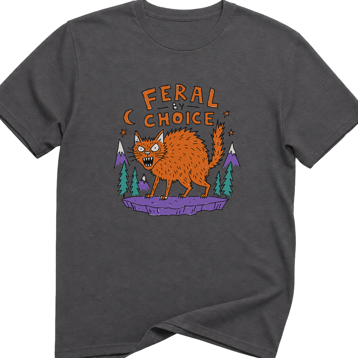 A charcoal softstyle crewneck t-shirt featuring a colorful graphic of an orange werewolf on a purple rock with pine trees and the text 'FERAL CHOICE'.neilikha