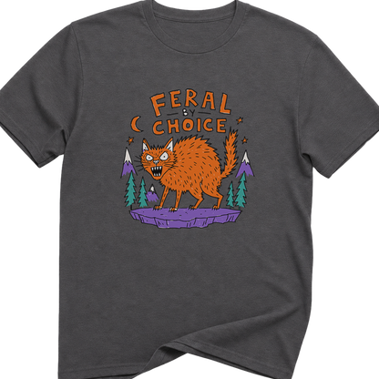 A charcoal softstyle crewneck t-shirt featuring a colorful graphic of an orange werewolf on a purple rock with pine trees and the text 'FERAL CHOICE'.neilikha
