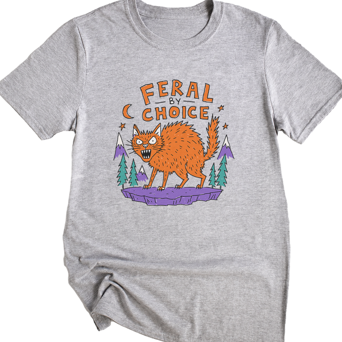 A sport gray short-sleeve t-shirt with a graphic print of an orange werewolf standing on a purple rock with pine trees and the text 'FERAL BY CHOICE'.neilikha