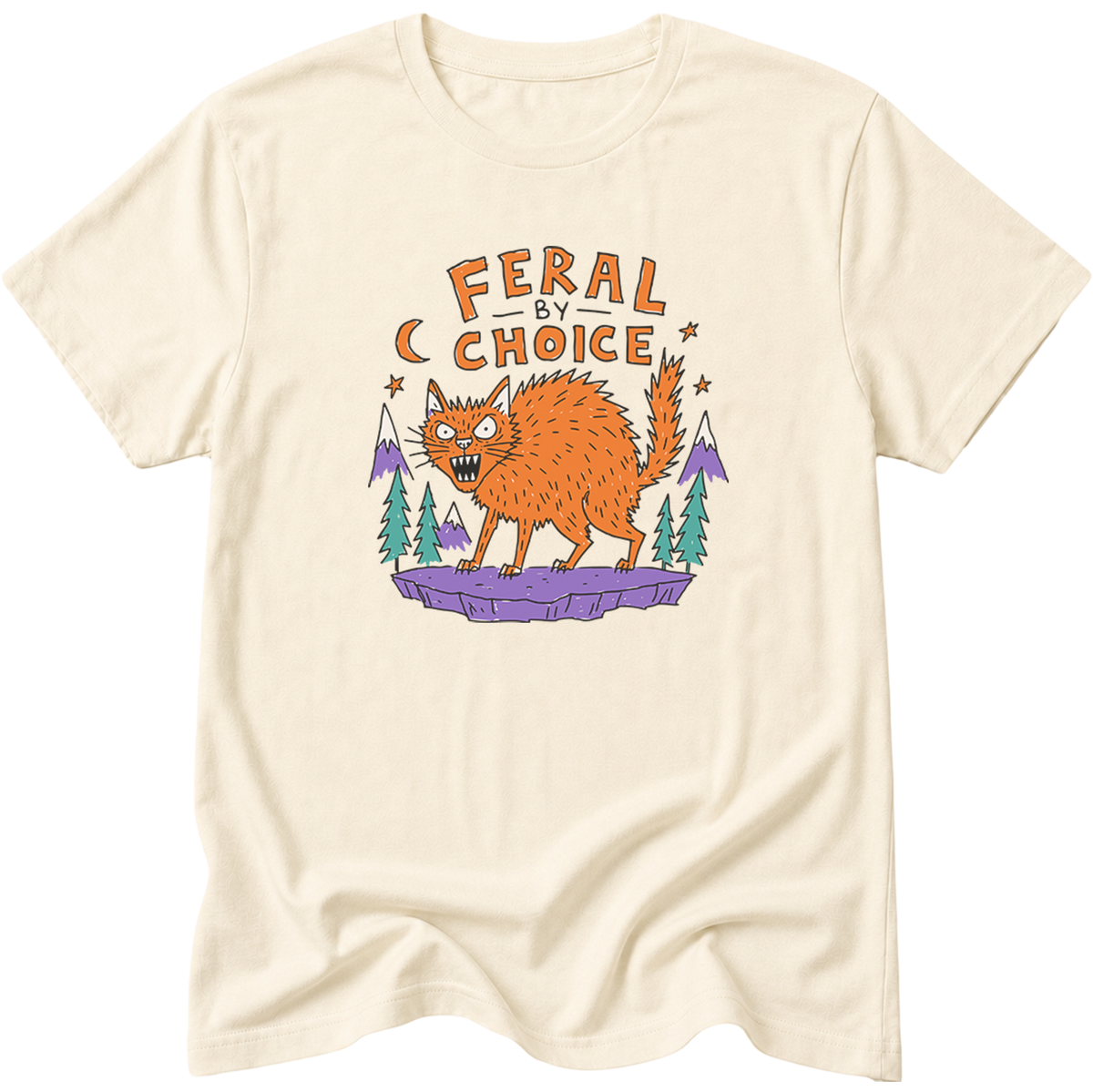 An natural ringspun cotton short-sleeve t-shirt with a graphic print of an orange cat under the text 'FERAL BY CHOICE' and a purple mountain range.neilikha